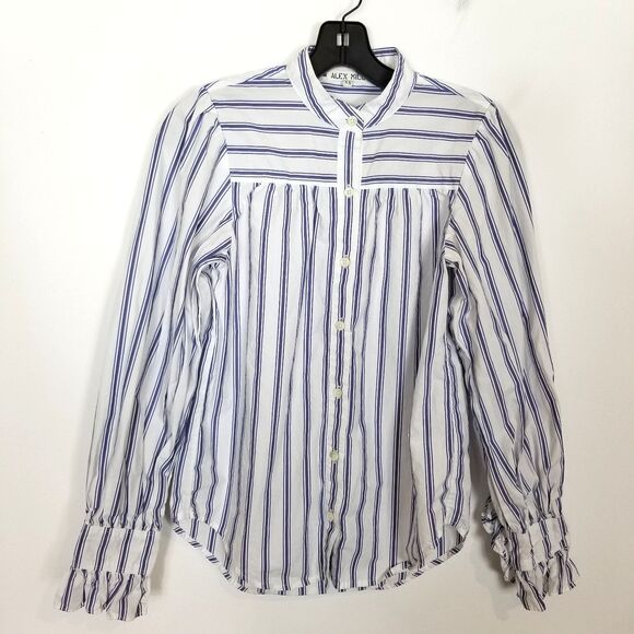 Alex Mill Women Lee Ruffle Cuff Shirt Blouse Sz XS Blue White Striped Button Up - Picture 1 of 8